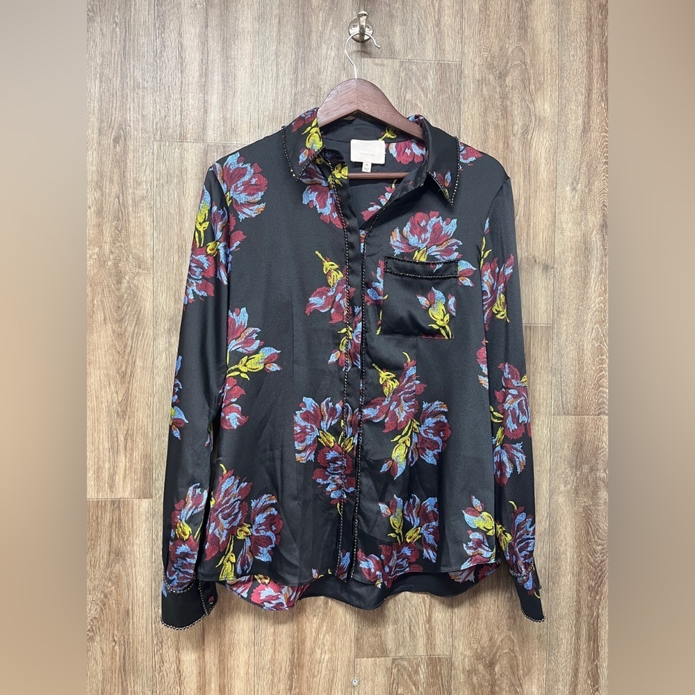 NWOT CINQ a SEPT Blanche Floral Crystal Top In Black Multi
